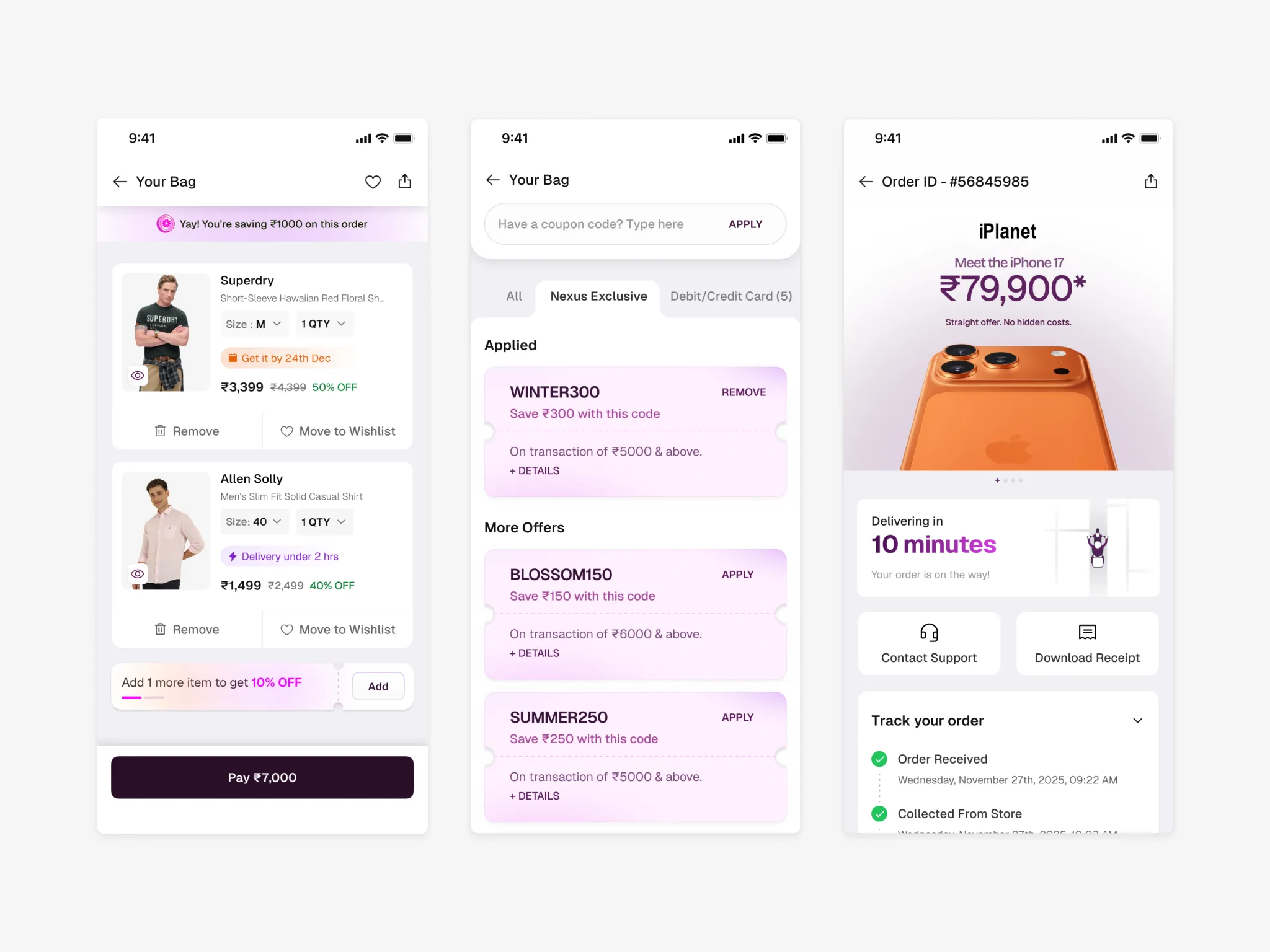 Nexus 247. Bag, coupons, and order tracking