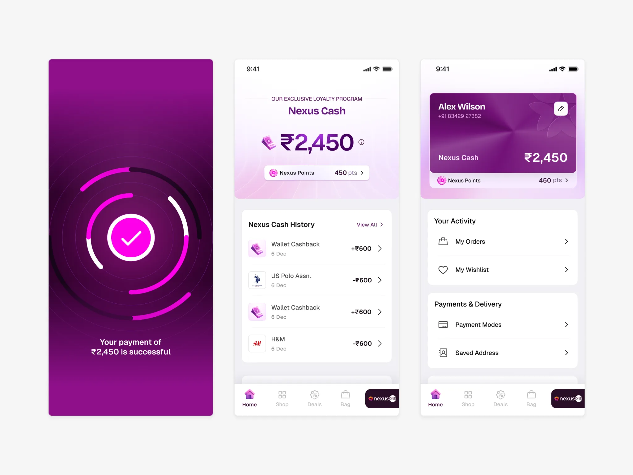 Nexus 247. Payment success, rewards, and profile
