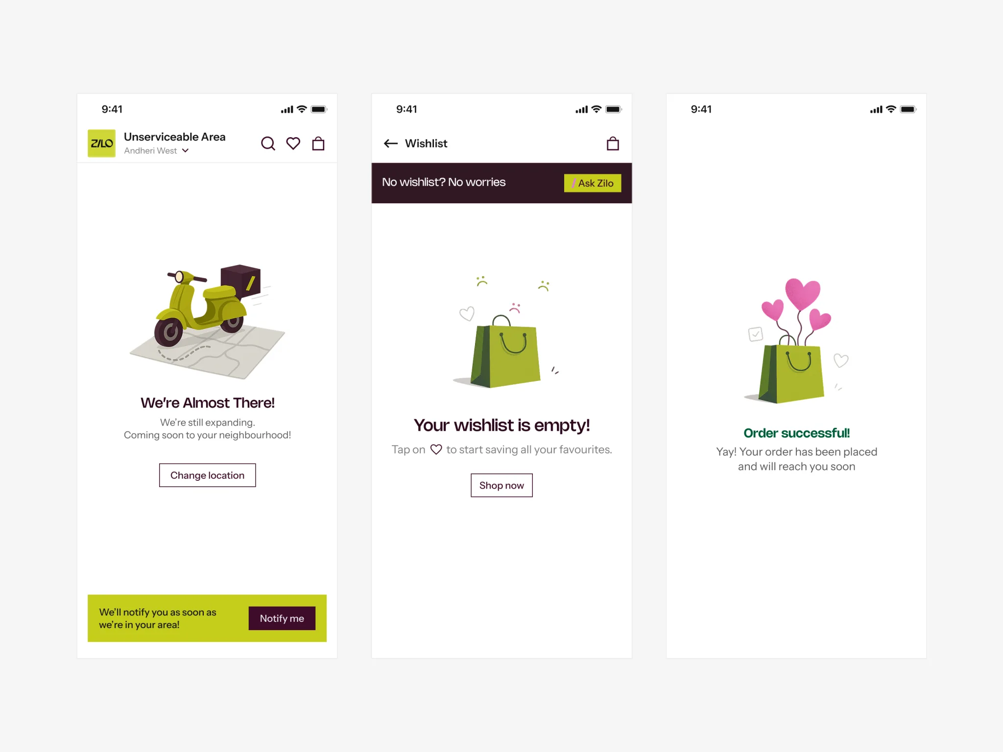 Zilo. Empty states and order success