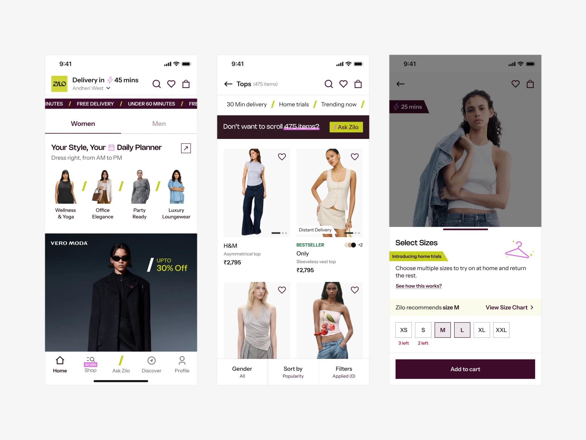 Zilo. Homepage, product detail, and listing